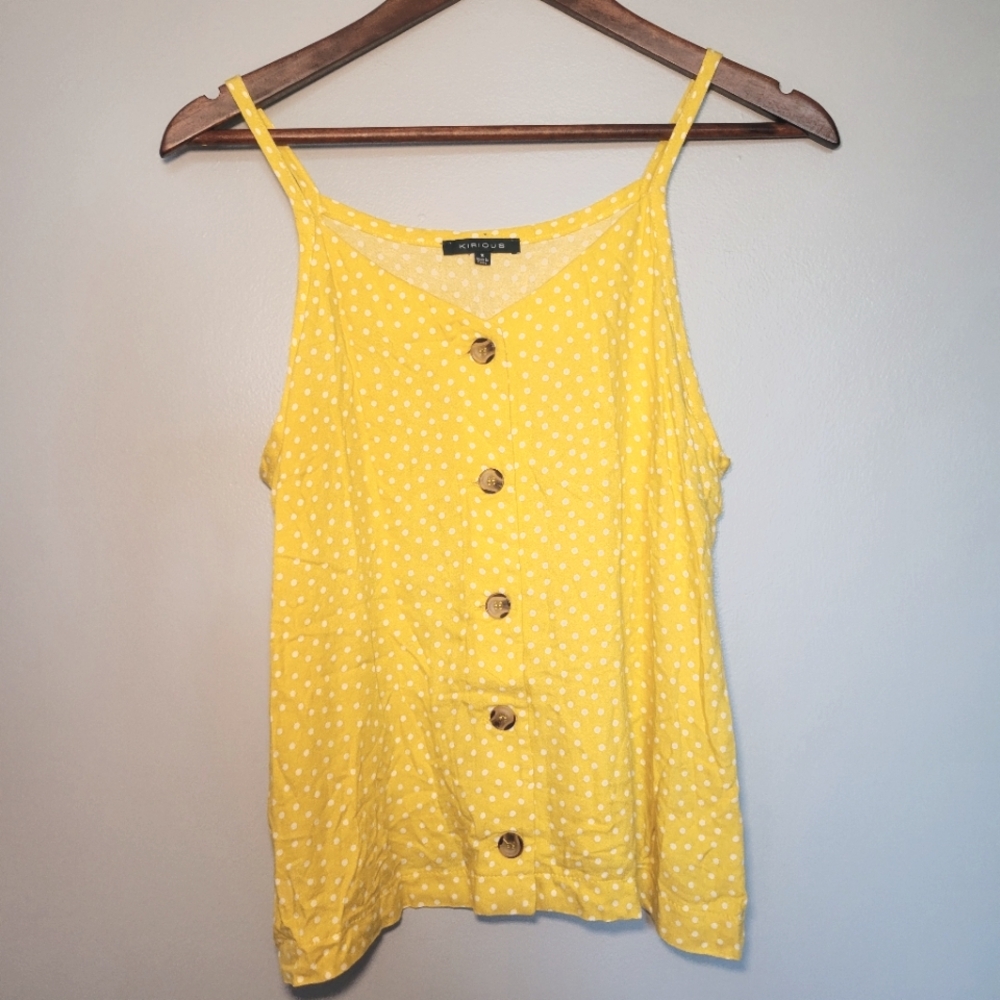Kirious Yellow With White Polka Dots Front Buttons Tank Top Womens Size S